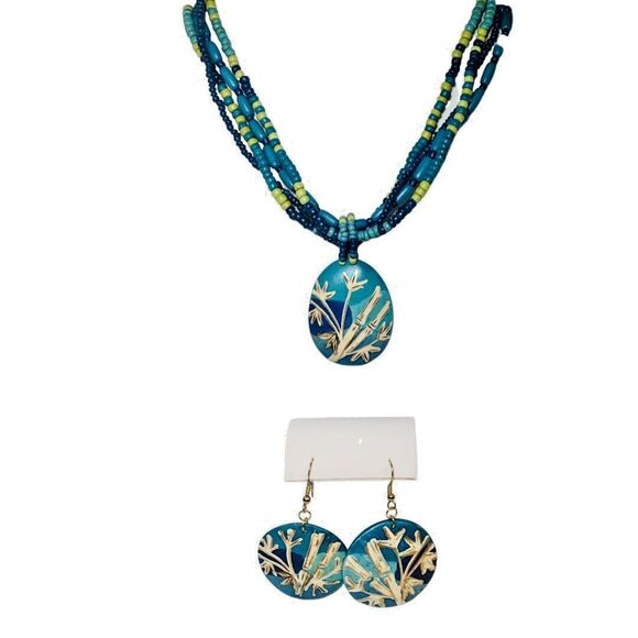 Blue Hawaiian Flower Jewelry Set 18” Earrings Necklace Pendant Bohemian Bamboo - Picture 4 of 12